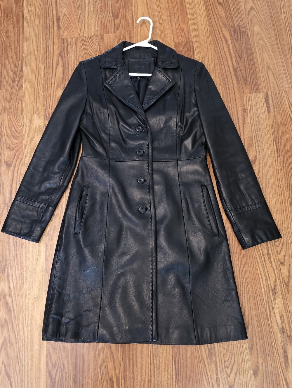 Avanti New York Soft Leather Long Black Coat Jacket 3 Button Pockets Women's S